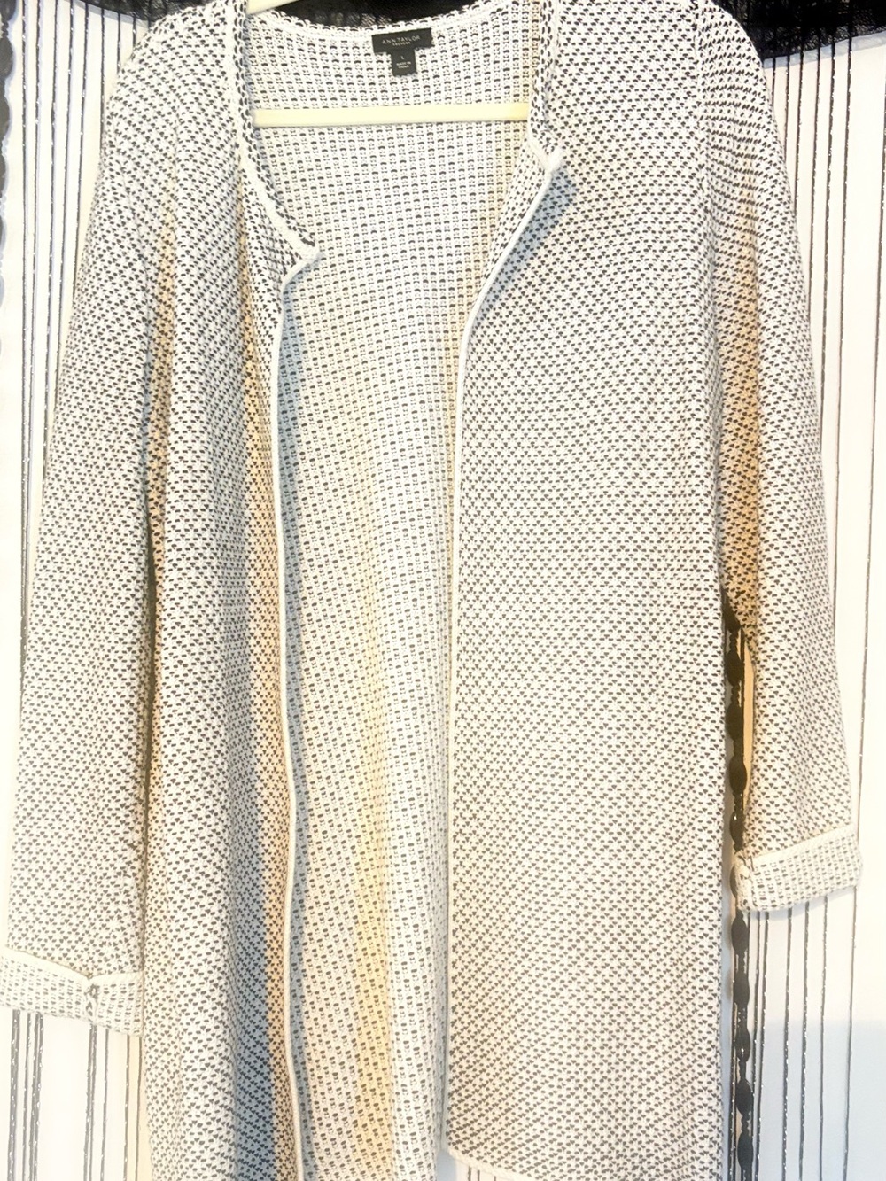 Ann Taylor Open-Knit Long Cardigan in Cream and Black